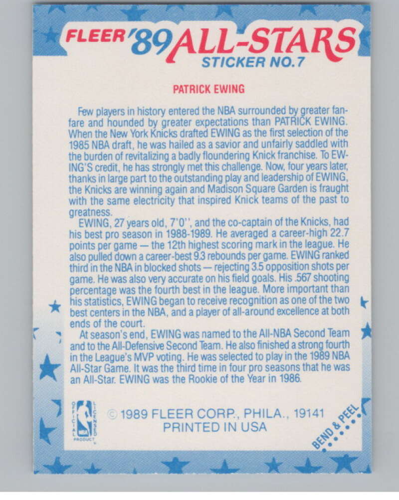 1989-90 Fleer Stickers #7 Patrick Ewing  New York Knicks  V101260 Image 2