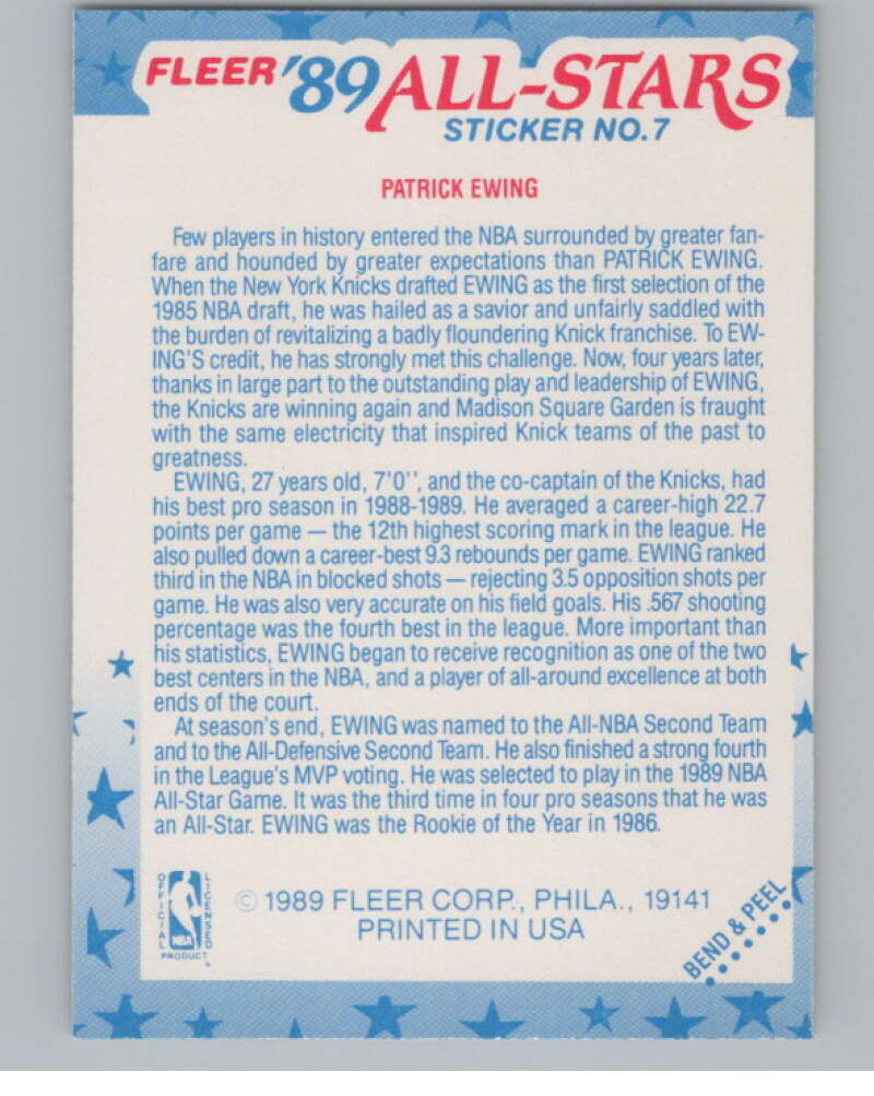 1989-90 Fleer Stickers #7 Patrick Ewing  New York Knicks  V101261 Image 2