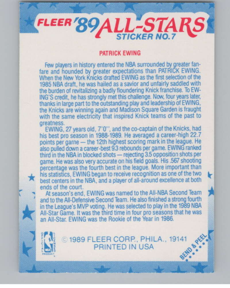 1989-90 Fleer Stickers #7 Patrick Ewing  New York Knicks  V101262 Image 2