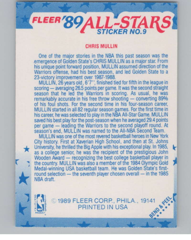1989-90 Fleer Stickers #9 Chris Mullin  Golden State Warriors  V101263 Image 2
