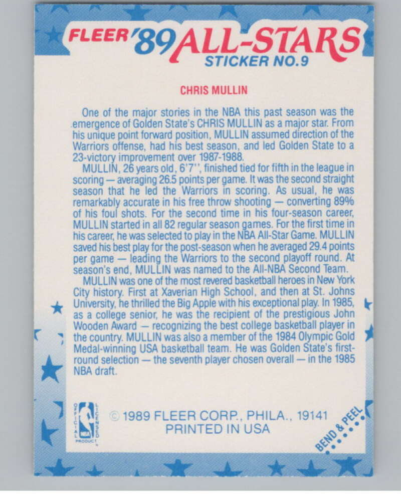 1989-90 Fleer Stickers #9 Chris Mullin  Golden State Warriors  V101264 Image 2