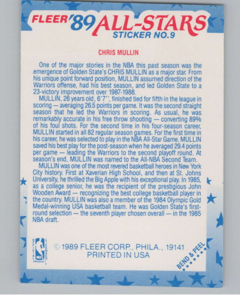 1989-90 Fleer Stickers #9 Chris Mullin  Golden State Warriors  V101265 Image 2