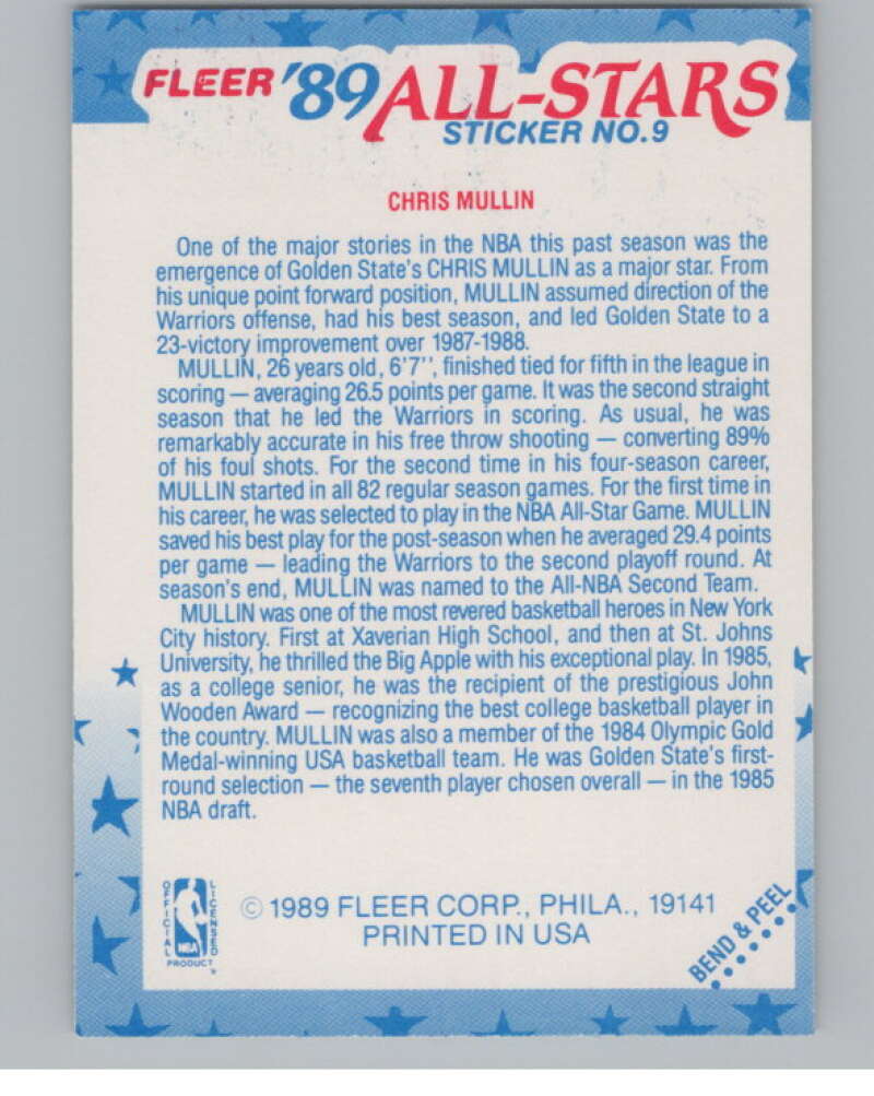 1989-90 Fleer Stickers #9 Chris Mullin  Golden State Warriors  V101266 Image 2