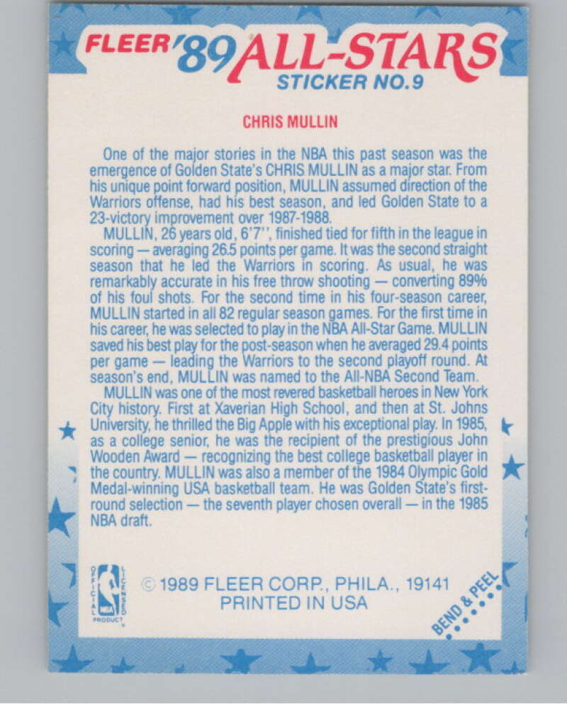 1989-90 Fleer Stickers #9 Chris Mullin  Golden State Warriors  V101267 Image 2