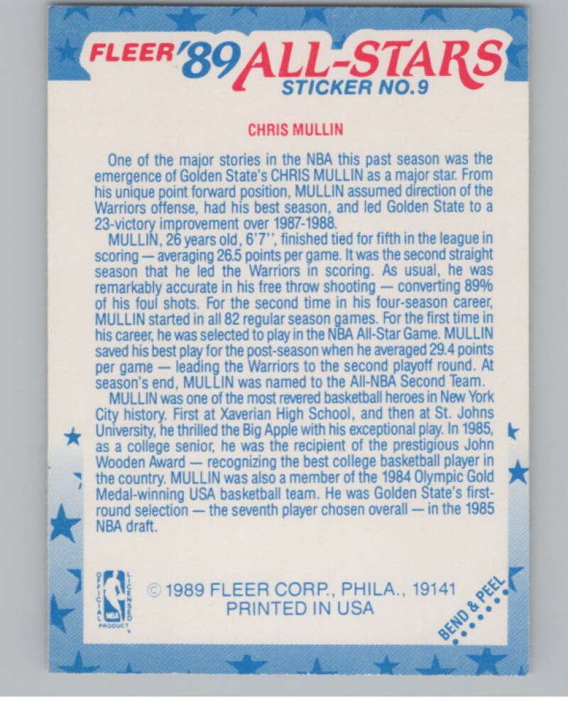 1989-90 Fleer Stickers #9 Chris Mullin  Golden State Warriors  V101268 Image 2