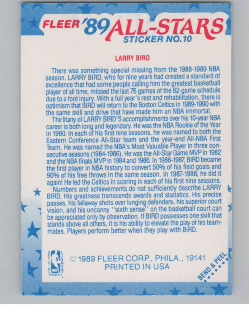 1989-90 Fleer Stickers #10 Larry Bird  Boston Celtics  V101269 Image 2