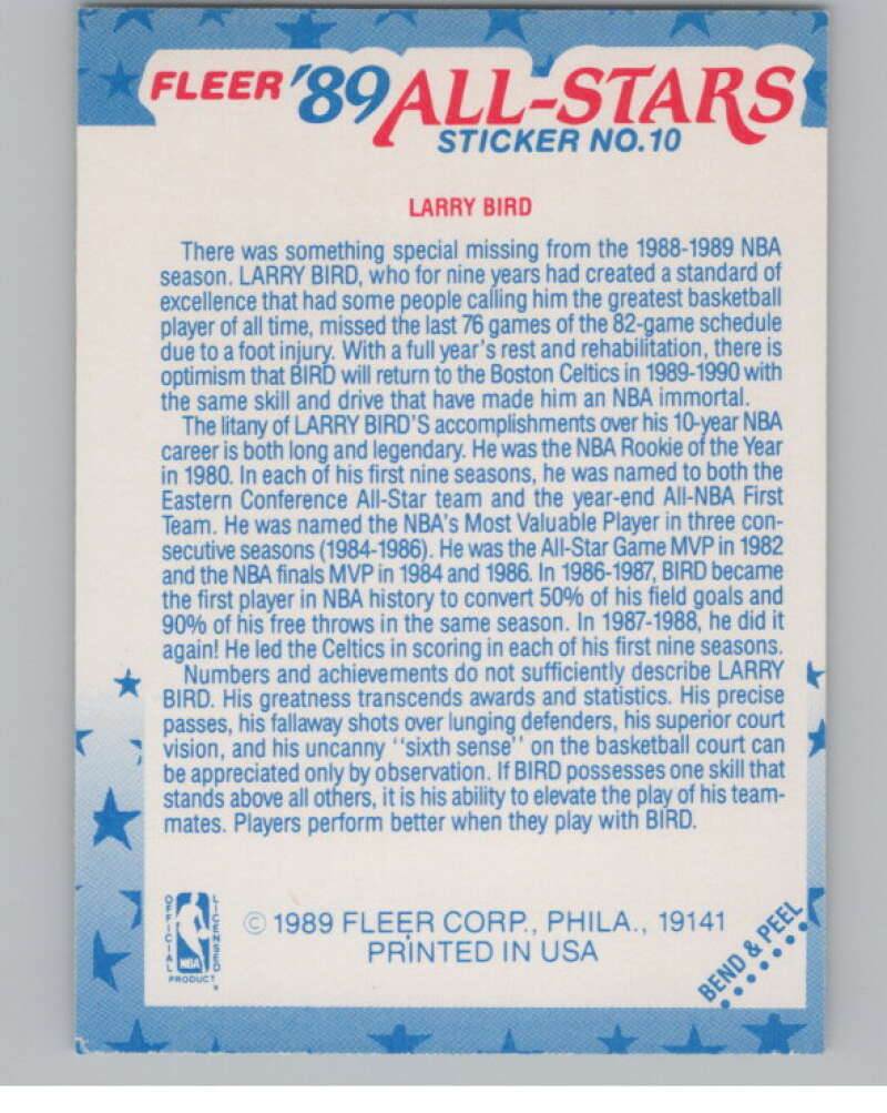 1989-90 Fleer Stickers #10 Larry Bird  Boston Celtics  V101270 Image 2