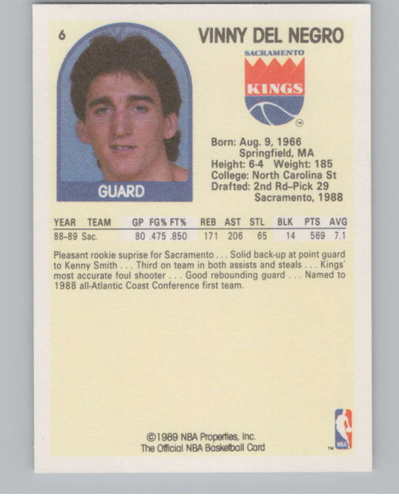 1989-90 Hoops #6 Vinny Del Negro  RC Rookie Sacramento Kings  V101273 Image 2
