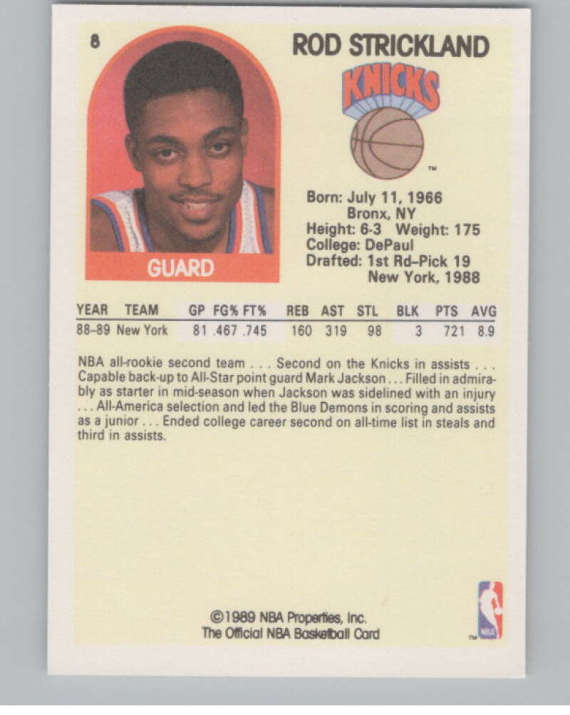 1989-90 Hoops #8 Rod Strickland  RC Rookie New York Knicks  V101274 Image 2
