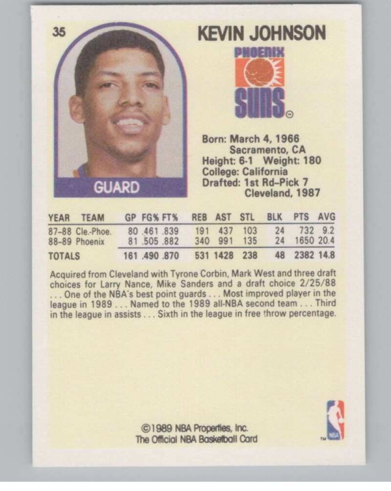 1989-90 Hoops #35 Kevin Johnson  RC Rookie Phoenix Suns  V101276 Image 2