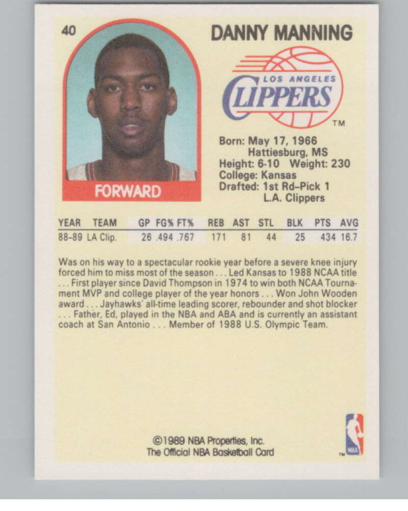 1989-90 Hoops #40 Danny Manning  RC Rookie Los Angeles Clippers  V101277 Image 2