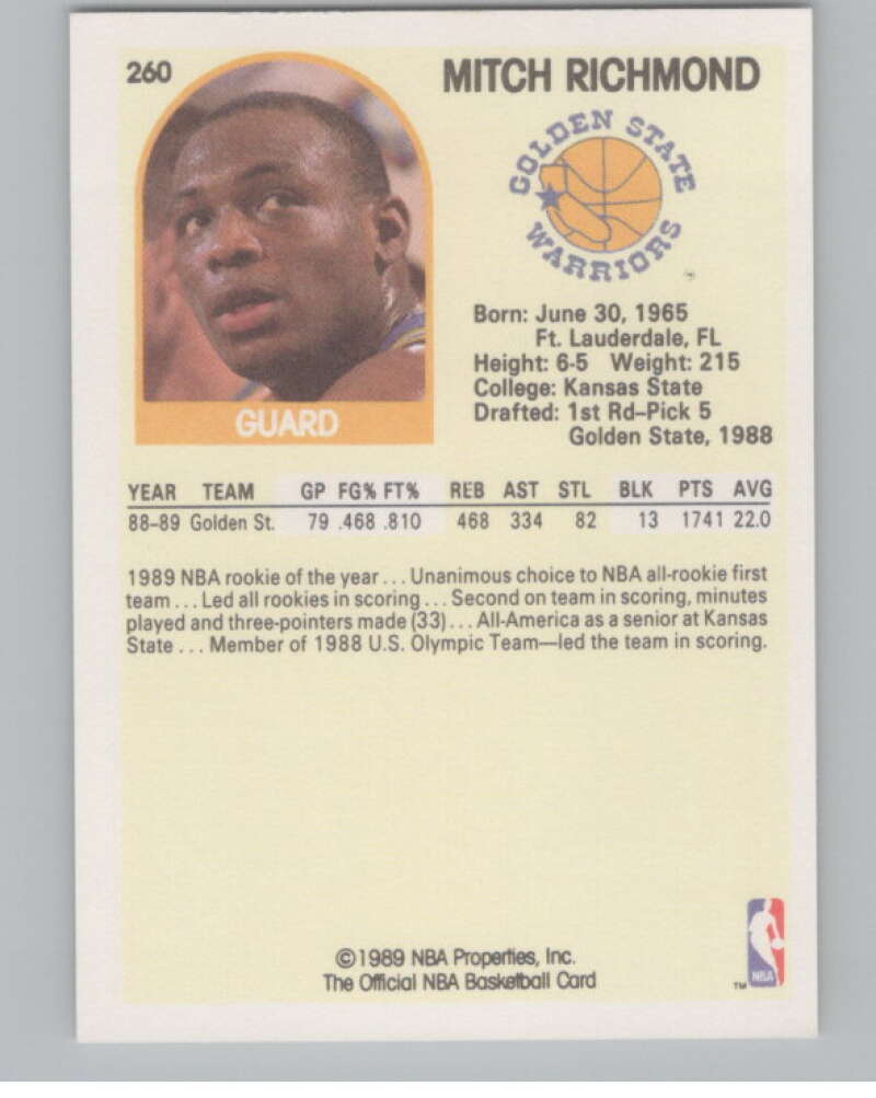 1989-90 Hoops #260 Mitch Richmond  RC Rookie Golden State Warriors  V101279 Image 2