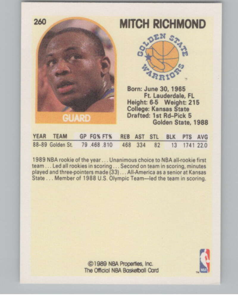 1989-90 Hoops #260 Mitch Richmond  RC Rookie Golden State Warriors  V101280 Image 2