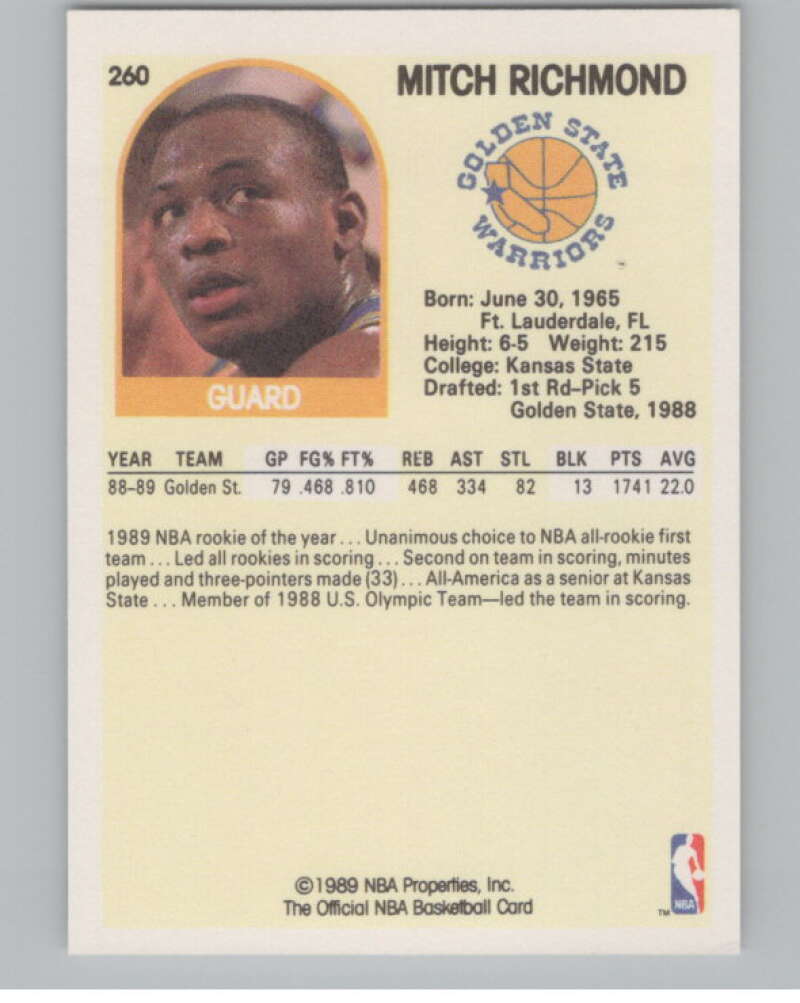 1989-90 Hoops #260 Mitch Richmond  RC Rookie Golden State Warriors  V101281 Image 2