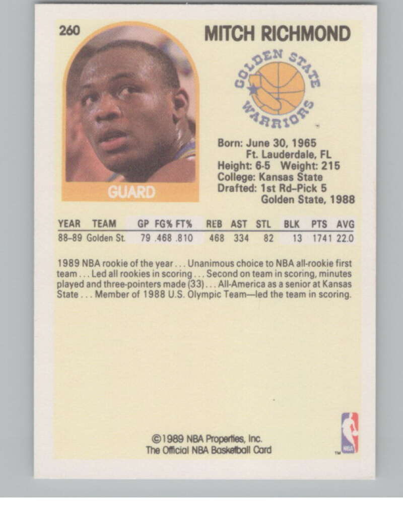 1989-90 Hoops #260 Mitch Richmond  RC Rookie Golden State Warriors  V101283 Image 2