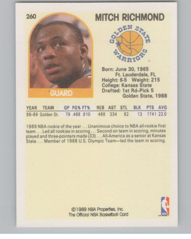 1989-90 Hoops #260 Mitch Richmond  RC Rookie Golden State Warriors  V101284 Image 2