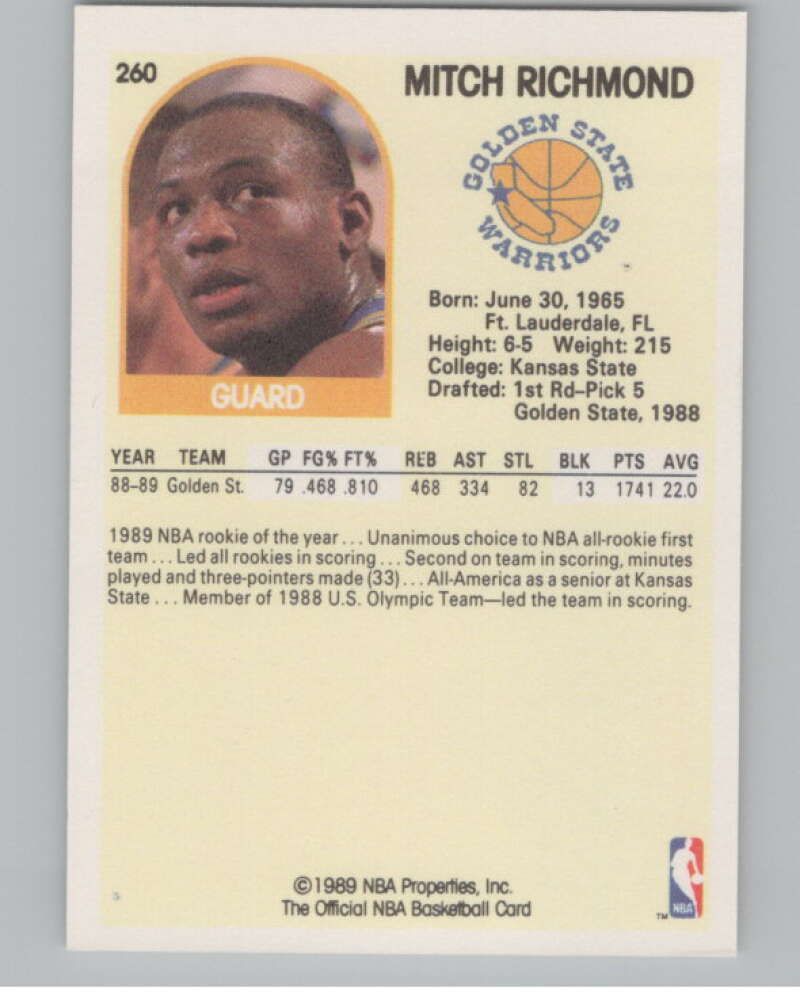 1989-90 Hoops #260 Mitch Richmond  RC Rookie Golden State Warriors  V101285 Image 2