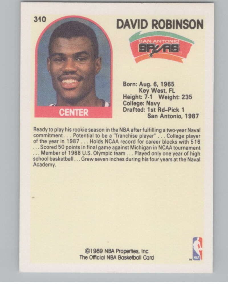 1989-90 Hoops #310 David Robinson  San Antonio Spurs  V101286 Image 2