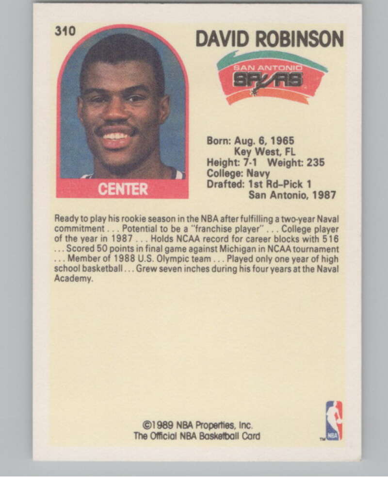 1989-90 Hoops #310 David Robinson  San Antonio Spurs  V101288 Image 2