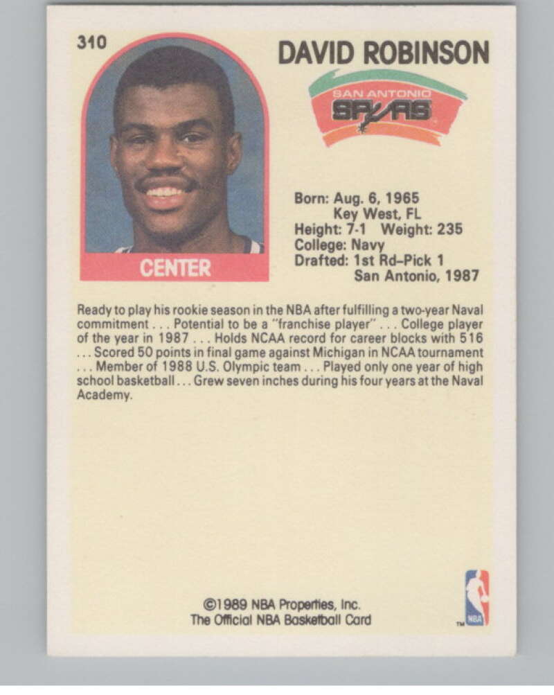 1989-90 Hoops #310 David Robinson  San Antonio Spurs  V101289 Image 2
