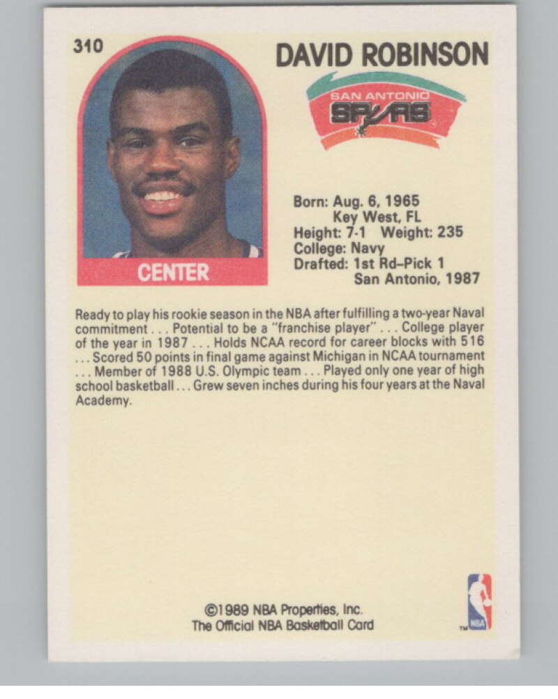 1989-90 Hoops #310 David Robinson  San Antonio Spurs  V101290 Image 2