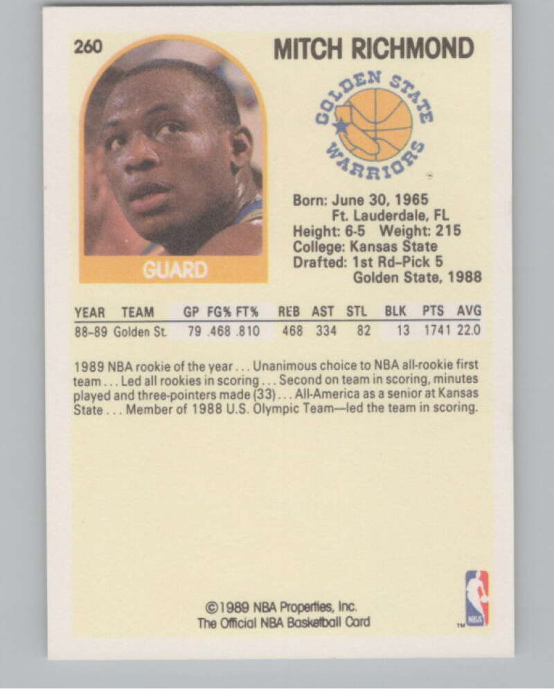 1989-90 Hoops #260 Mitch Richmond  RC Rookie Golden State Warriors  V101291 Image 2