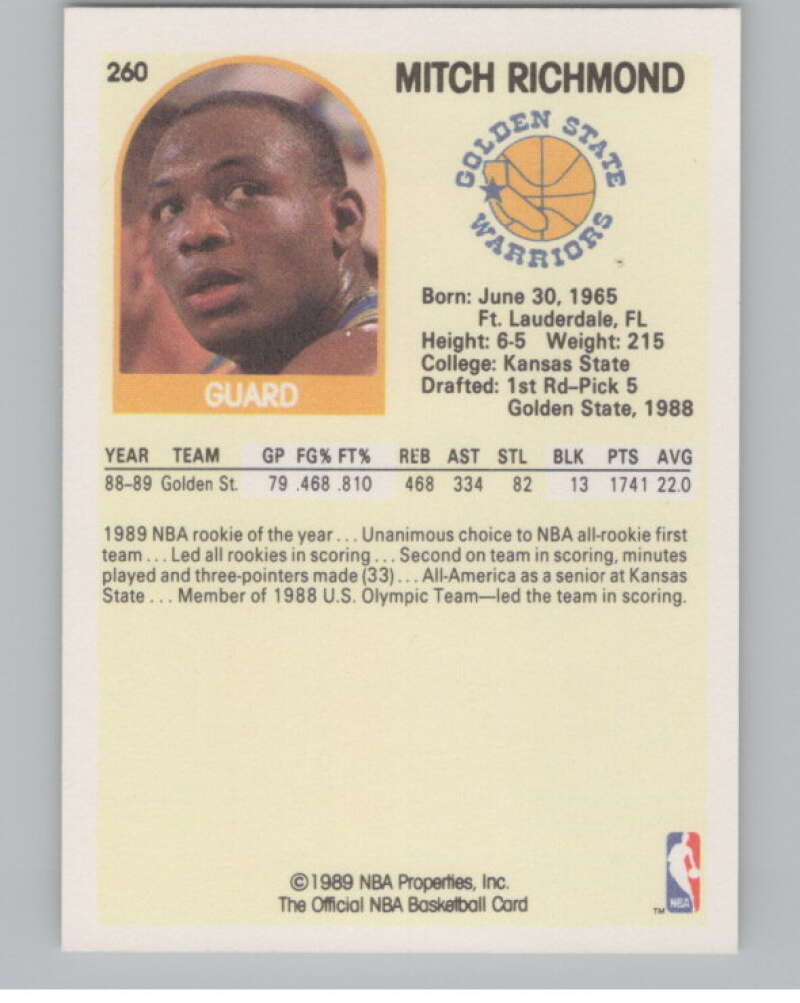 1989-90 Hoops #260 Mitch Richmond  RC Rookie Golden State Warriors  V101292 Image 2