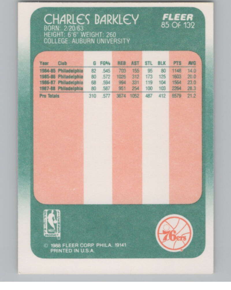 1988-89 Fleer #85 Charles Barkley  Philadelphia 76ers  V101294 Image 2