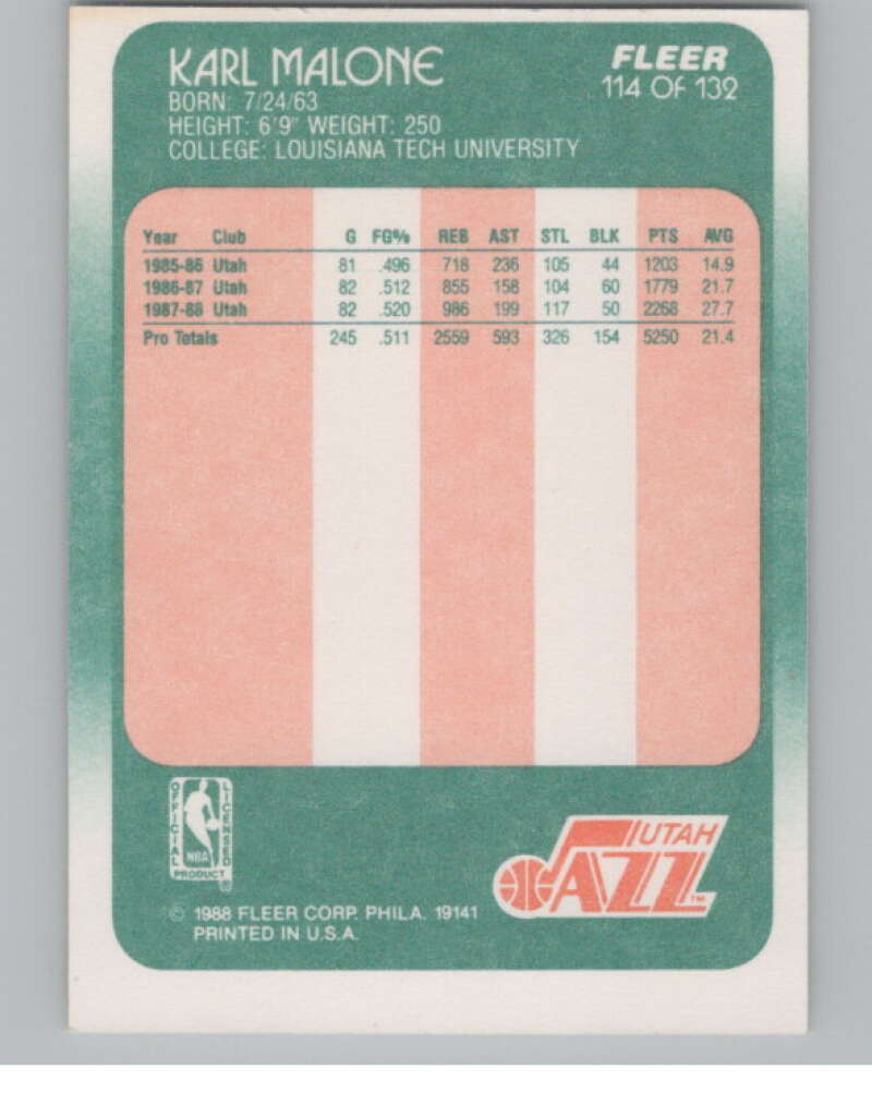 1988-89 Fleer #114 Karl Malone  Utah Jazz  V101296 Image 2