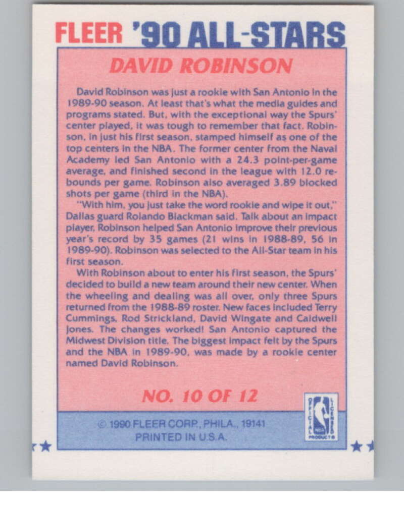 1990-91 Fleer All-Stars #10 David Robinson  San Antonio Spurs  V101297 Image 2