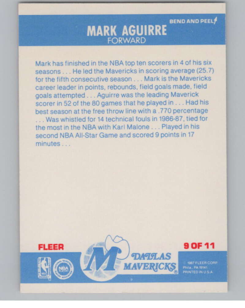 1987-88 Fleer Stickers #9 Mark Aguirre  Dallas Mavericks  V101298 Image 2