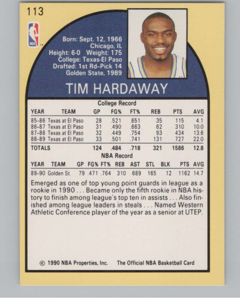 1990-91 Hoops #113 Tim Hardaway  RC Rookie Golden State Warriors  V101326 Image 2