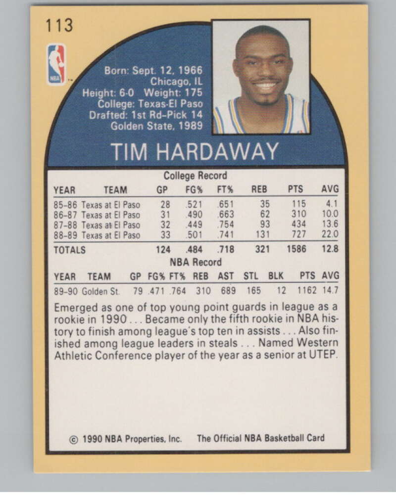 1990-91 Hoops #113 Tim Hardaway  RC Rookie Golden State Warriors  V101327 Image 2