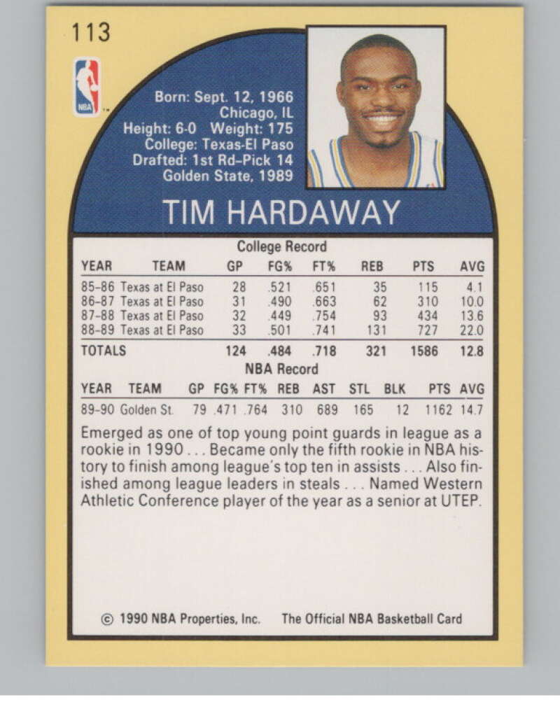 1990-91 Hoops #113 Tim Hardaway  RC Rookie Golden State Warriors  V101328 Image 2