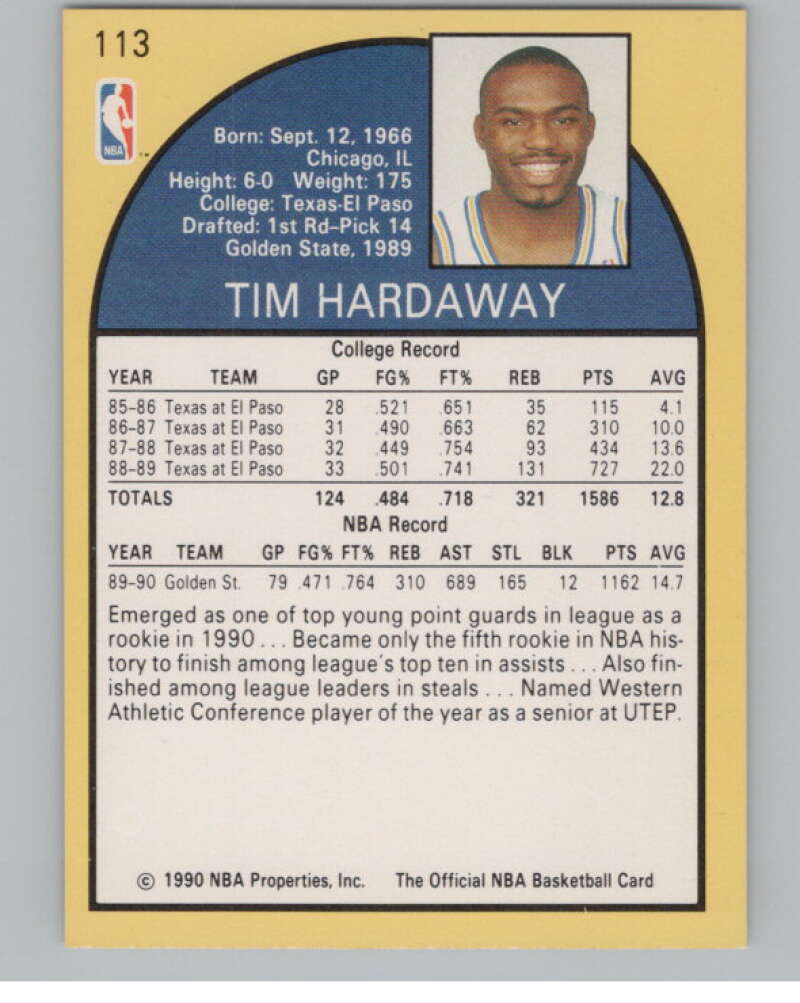 1990-91 Hoops #113 Tim Hardaway  RC Rookie Golden State Warriors  V101329 Image 2