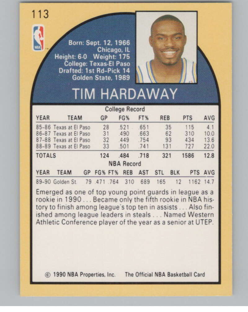 1990-91 Hoops #113 Tim Hardaway  RC Rookie Golden State Warriors  V101331 Image 2