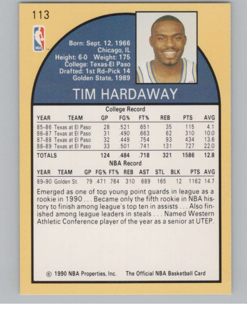 1990-91 Hoops #113 Tim Hardaway  RC Rookie Golden State Warriors  V101332 Image 2