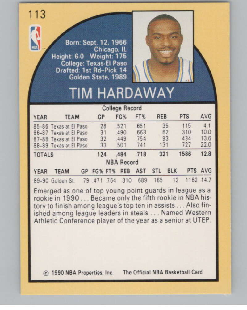 1990-91 Hoops #113 Tim Hardaway  RC Rookie Golden State Warriors  V101333 Image 2
