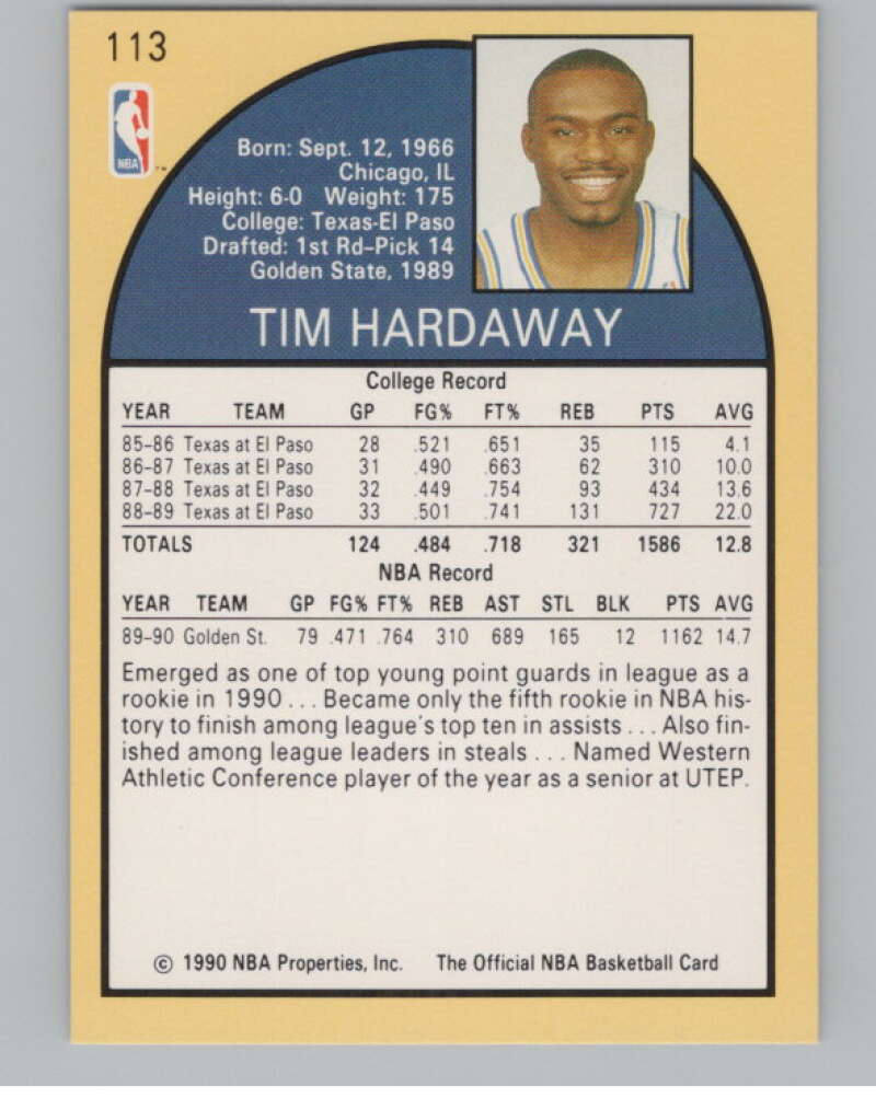 1990-91 Hoops #113 Tim Hardaway  RC Rookie Golden State Warriors  V101334 Image 2