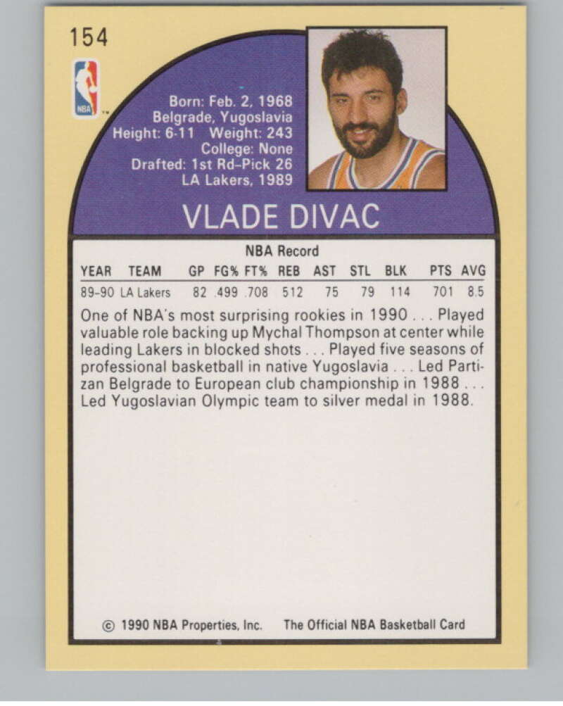 1990-91 Hoops #154 Vlade Divac  RC Rookie Los Angeles Lakers  V101335 Image 2