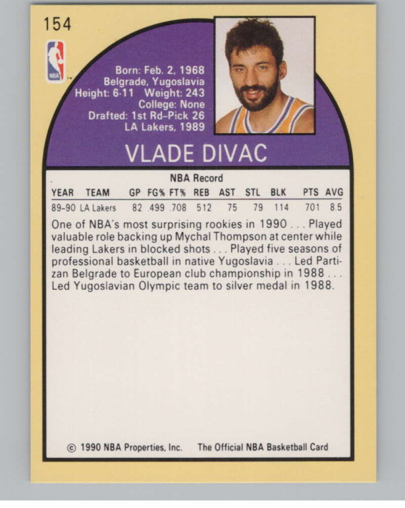 1990-91 Hoops #154 Vlade Divac  RC Rookie Los Angeles Lakers  V101337 Image 2