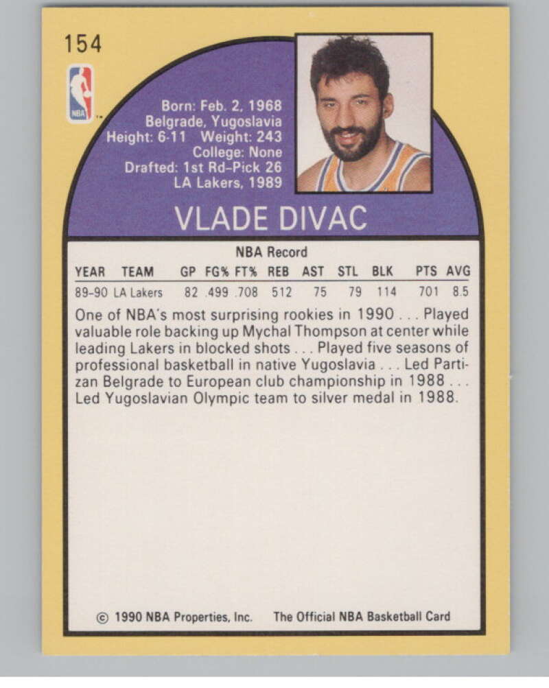 1990-91 Hoops #154 Vlade Divac  RC Rookie Los Angeles Lakers  V101338 Image 2