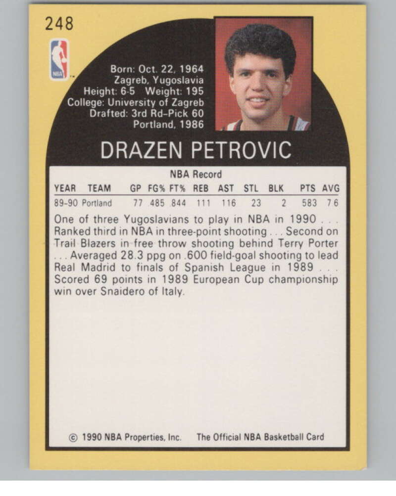 1990-91 Hoops #248 Drazen Petrovic  RC Rookie Portland Trail Blazers  V101342 Image 2