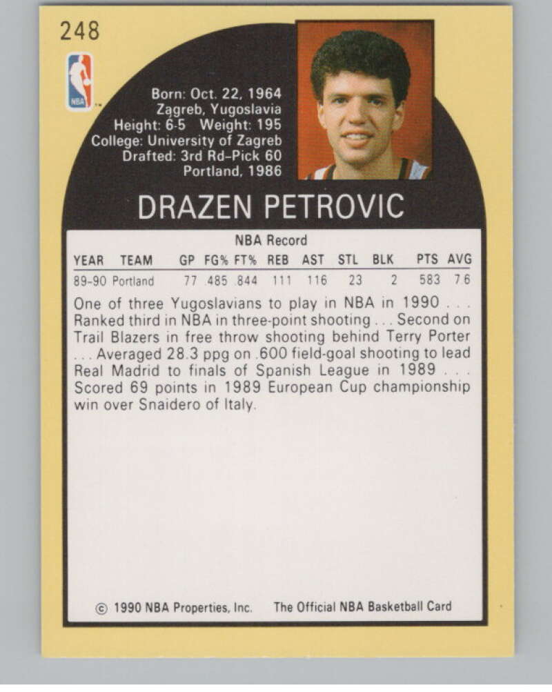 1990-91 Hoops #248 Drazen Petrovic  RC Rookie Portland Trail Blazers  V101343 Image 2