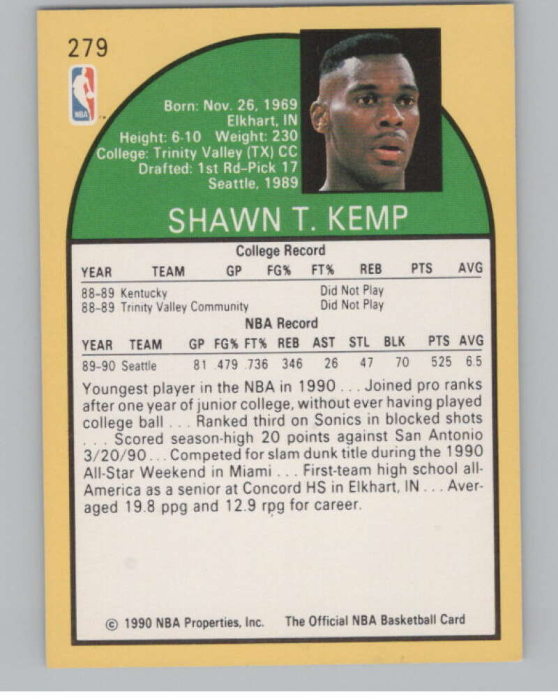 1990-91 Hoops #279 Shawn Kemp  RC Rookie Seattle SuperSonics  V101347 Image 2
