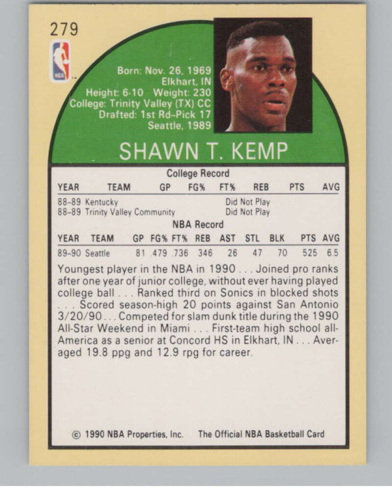 1990-91 Hoops #279 Shawn Kemp  RC Rookie Seattle SuperSonics  V101348 Image 2