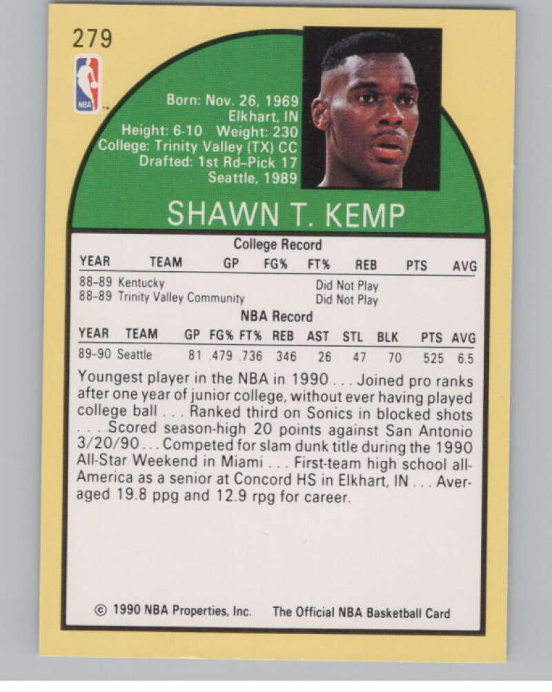 1990-91 Hoops #279 Shawn Kemp  RC Rookie Seattle SuperSonics  V101349 Image 2