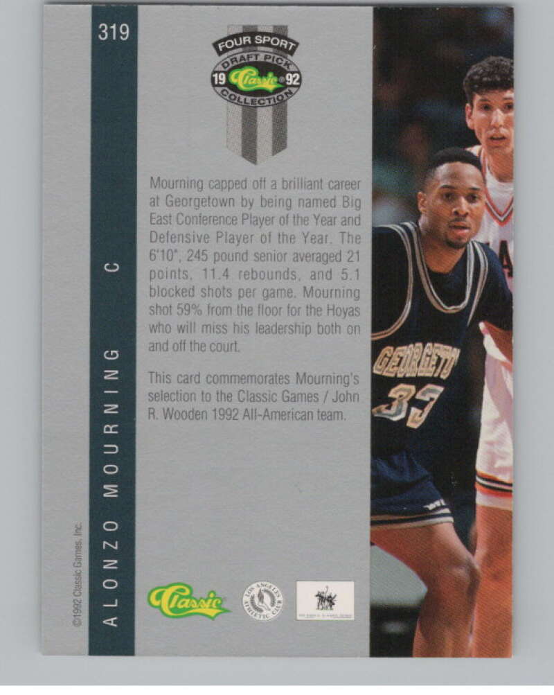 1992 Classic Four Sport #319 Alonzo Mourning   V101356 Image 2