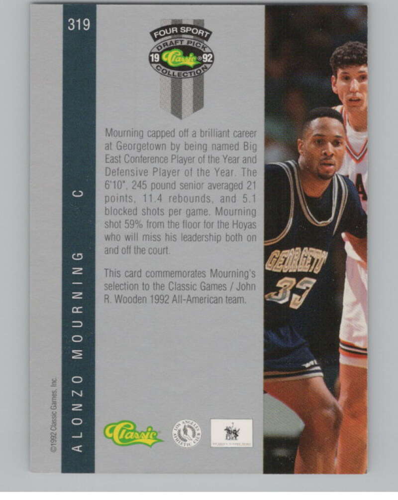 1992 Classic Four Sport #319 Alonzo Mourning   V101357 Image 2