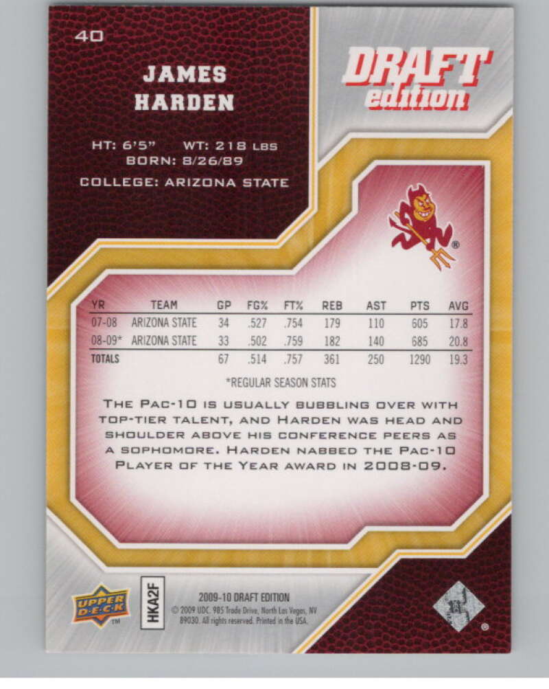 2009-10 Upper Deck Draft Edition #40 James Harden Arizona Devils  V101365 Image 2